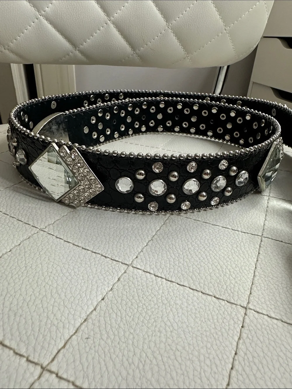 Embellished Black Leather Western-Style Belt with Ornate Silver Buckle